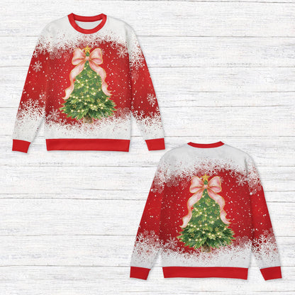 Festive ugly sweater christmas sweater in vibrant red featuring a decorated tree with a pink bow, main view