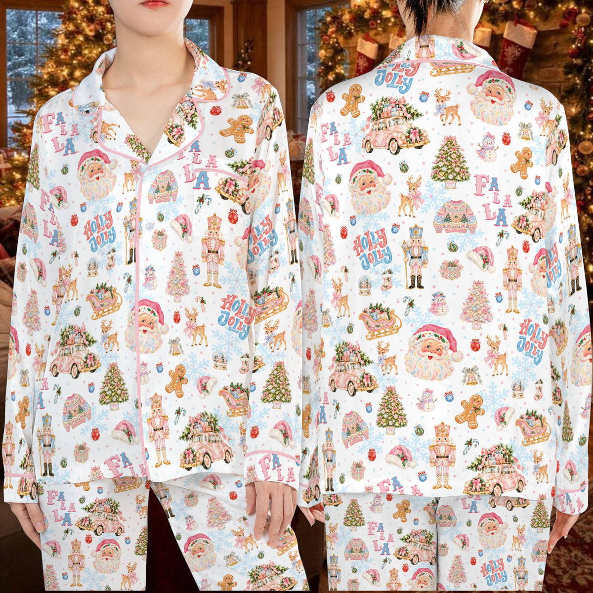 Multicolor christmas ugly sweater featuring vintage Santa and nutcracker motifs, main view