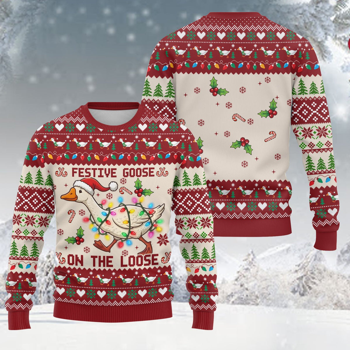 Close up front view of the festive goose sweater pattern