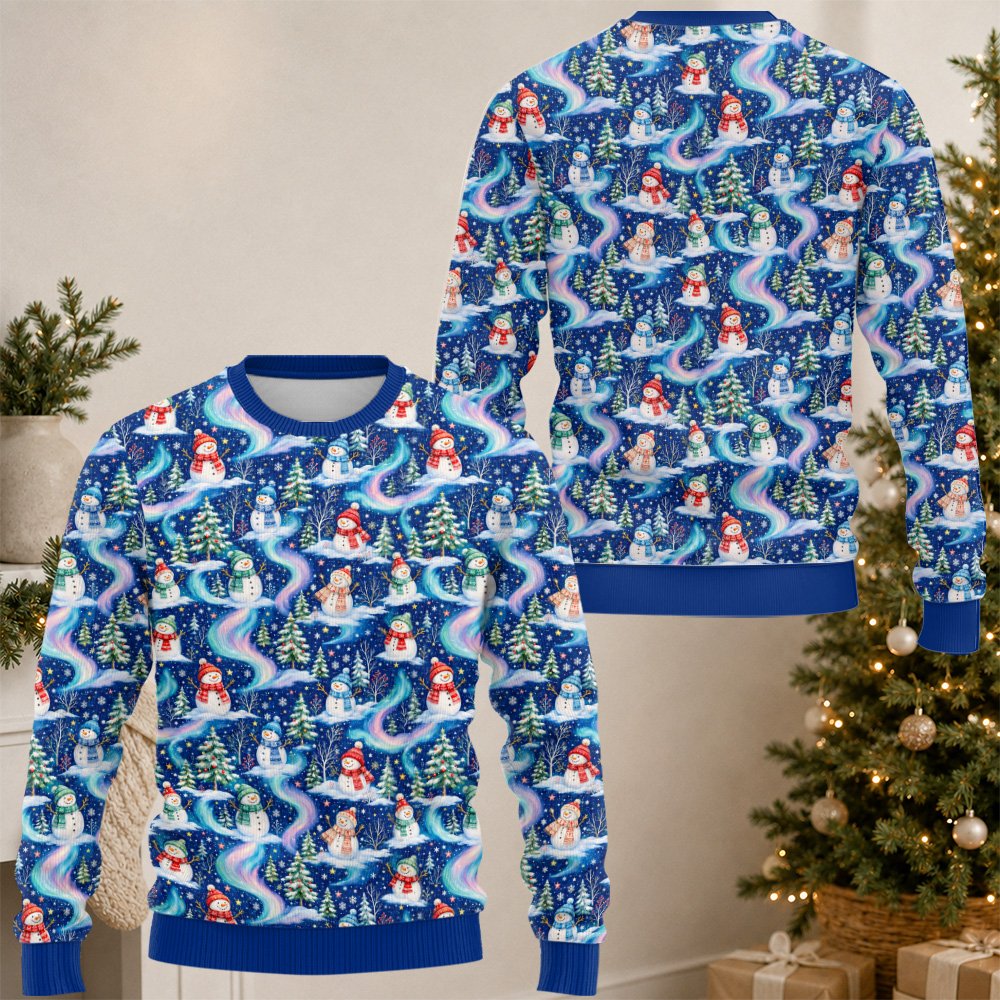 Close-up front view of the starry sky and aurora swirls on the sweater