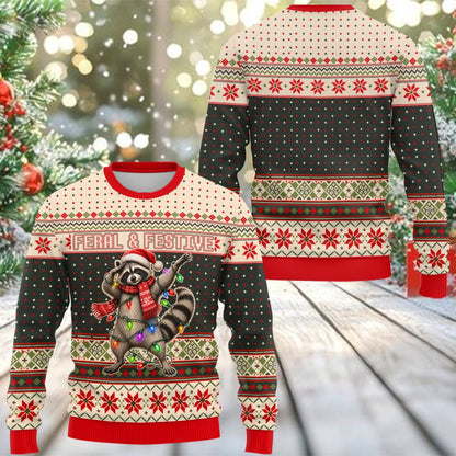 Detail of the knit pattern and christmas lights on the ugly sweater