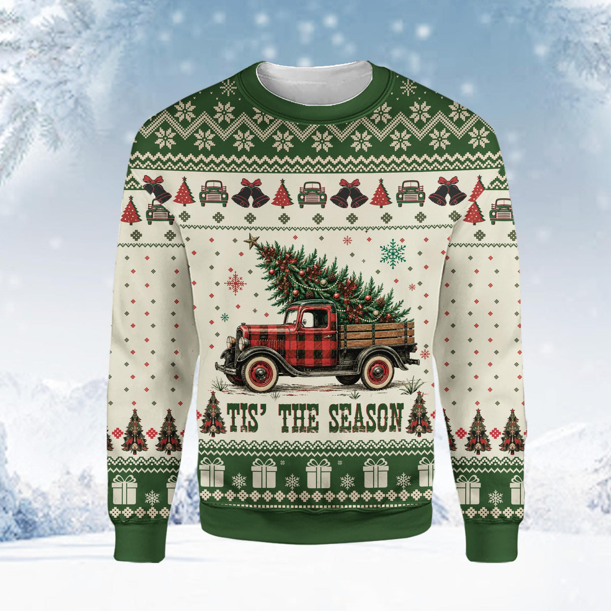Beige Christmas ugly sweater featuring a vintage red truck carrying a Christmas tree, front view close up