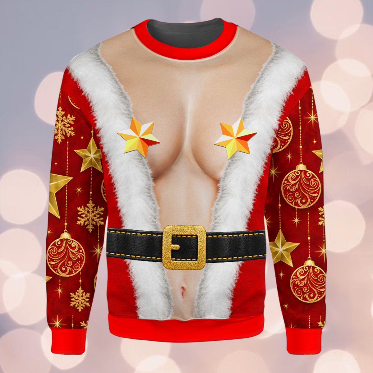 Detailed front view of the red, white, and gold Christmas ugly sweater