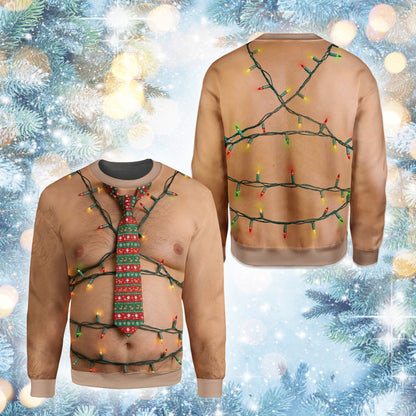 Christmas tree lights and tie printed on ugly sweater, close up front