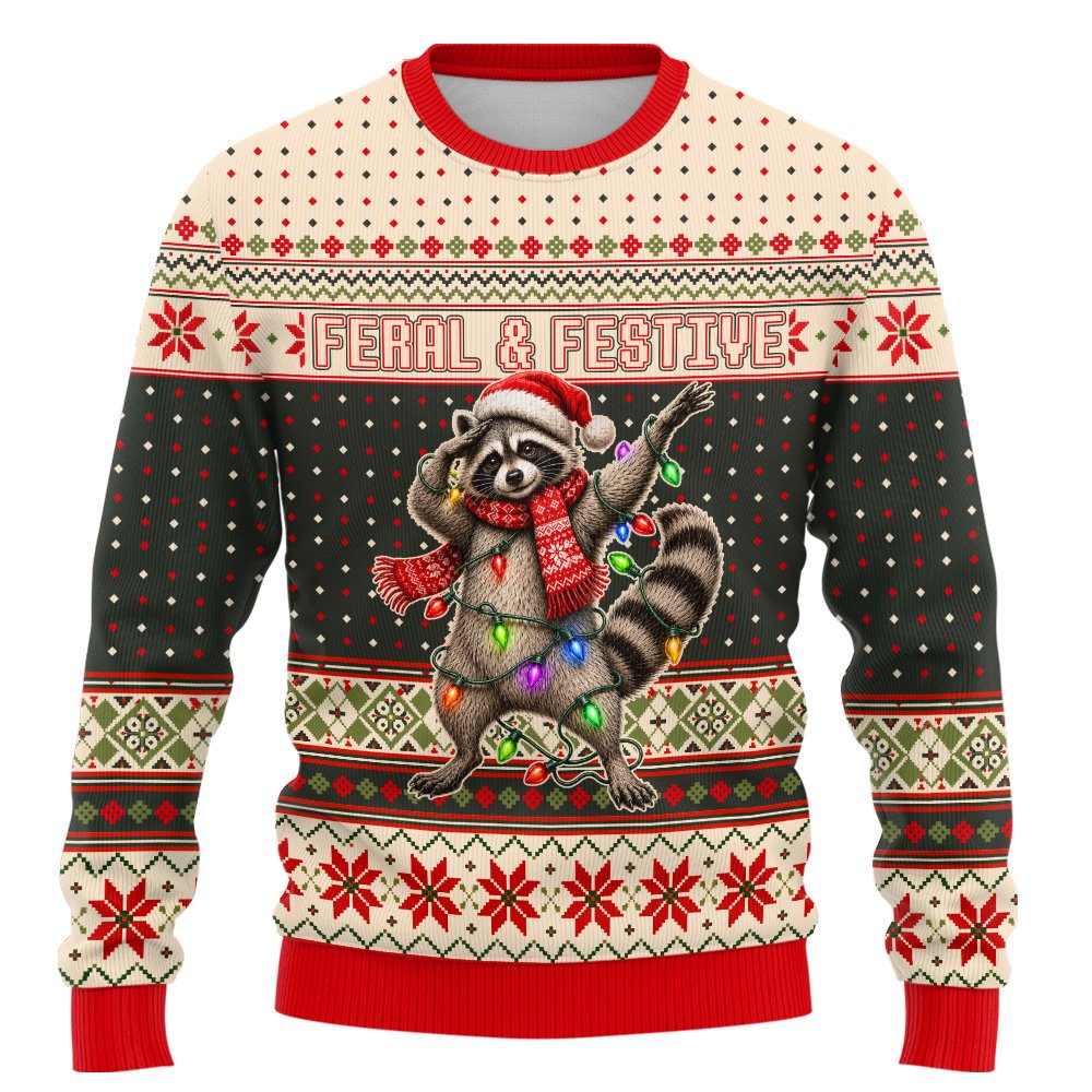 Flat lay of the feral and festive raccoon christmas sweater