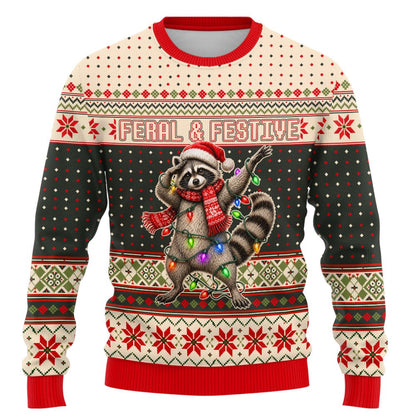 Flat lay of the feral and festive raccoon christmas sweater