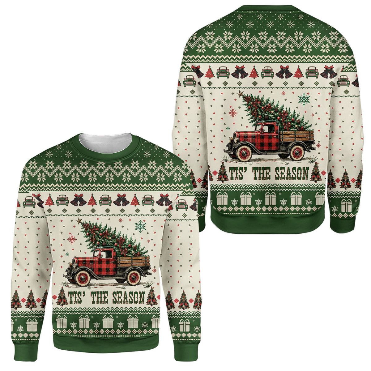 Beige Christmas ugly sweater featuring a vintage red truck carrying a Christmas tree, front view detail