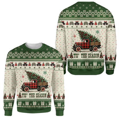Beige Christmas ugly sweater featuring a vintage red truck carrying a Christmas tree, front view detail
