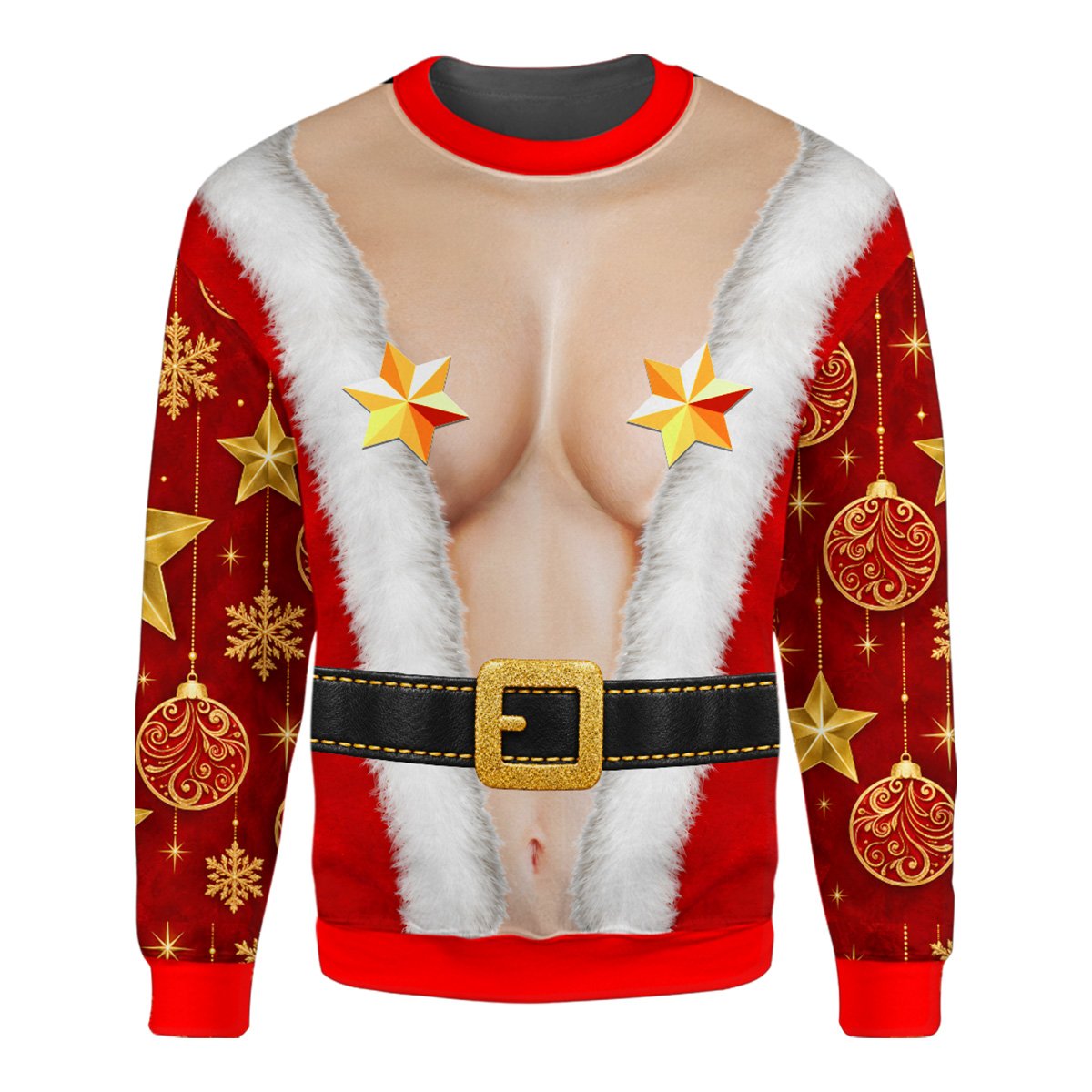 Close up front view of the Santa suit ugly sweater with star pasties and bare midriff