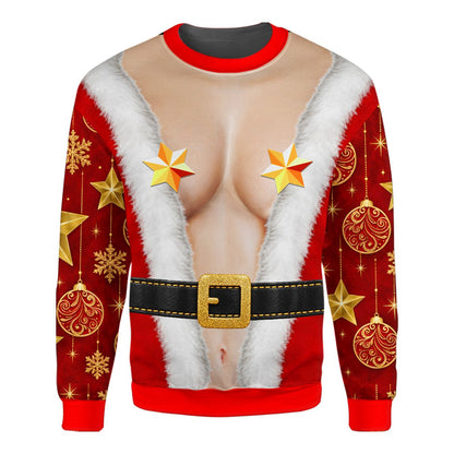 Close up front view of the Santa suit ugly sweater with star pasties and bare midriff