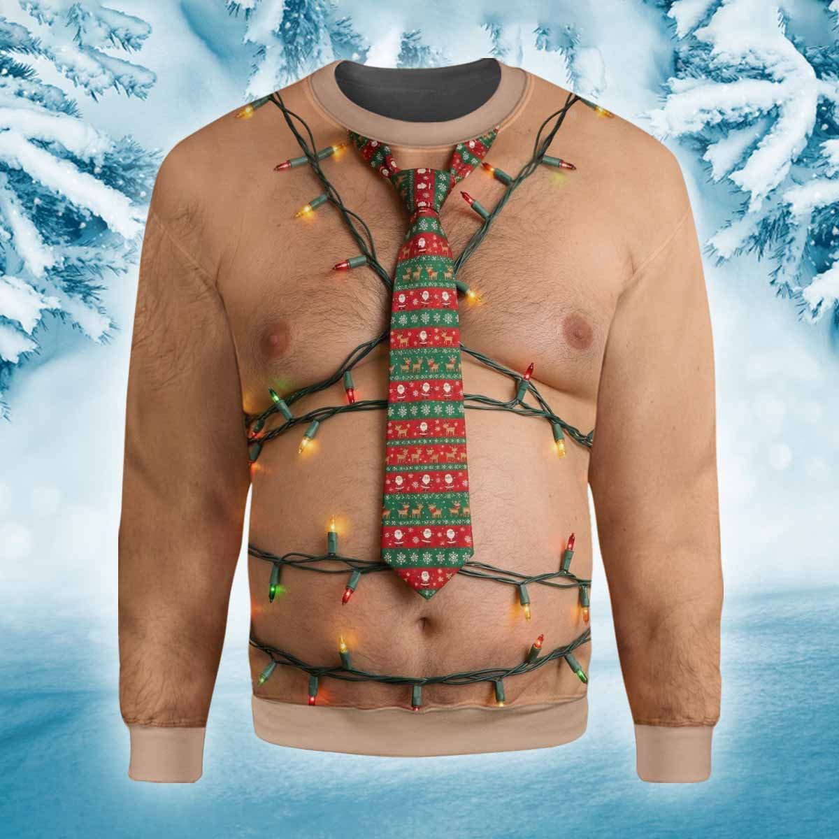 Detailed front view of the hairy chest ugly sweater print
