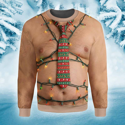 Detailed front view of the hairy chest ugly sweater print