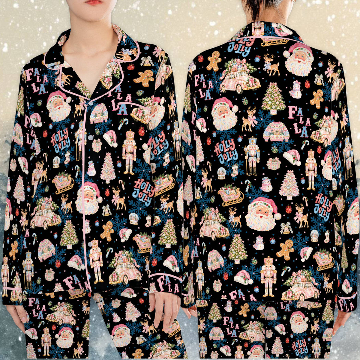 Multicolor christmas ugly sweater highlighting gingerbread men and sleighs, front view