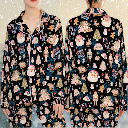 Multicolor christmas ugly sweater highlighting gingerbread men and sleighs, front view
