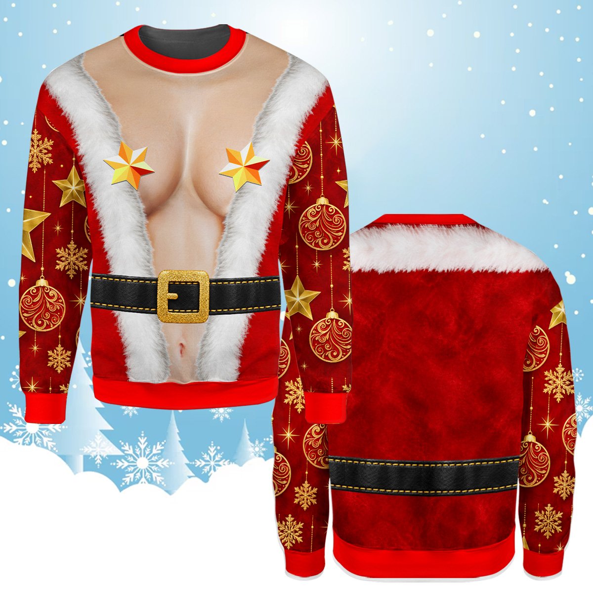 Front view of the humorous adult ugly holiday sweater