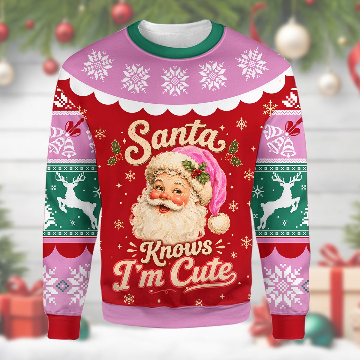Front view showing the pink, red, and green ugly holiday sweater design