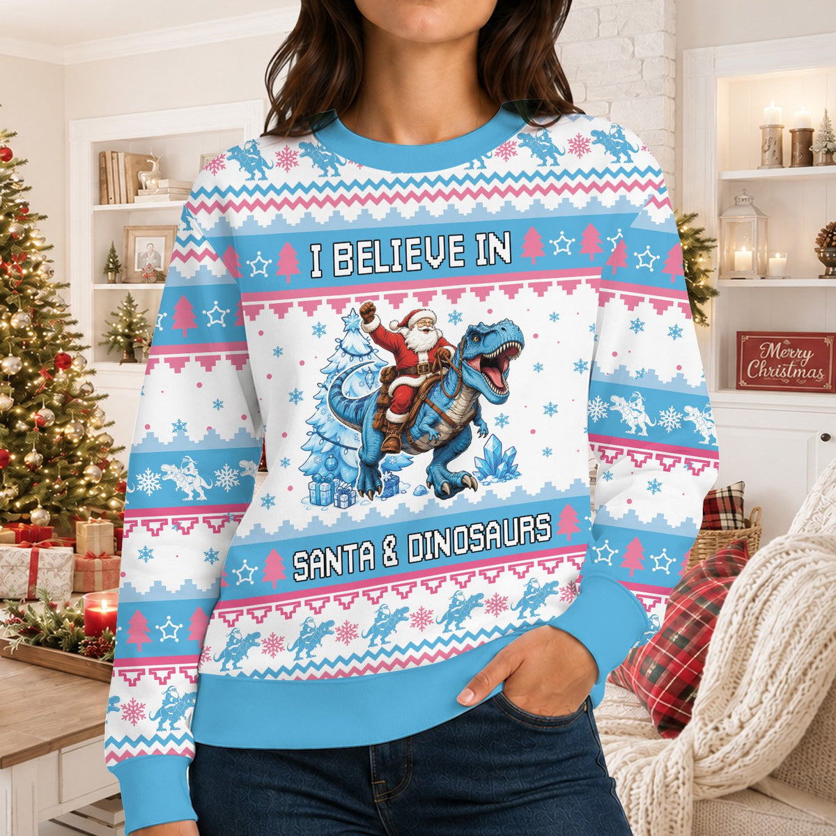 Another front angle of the Santa riding a T-Rex holiday sweater