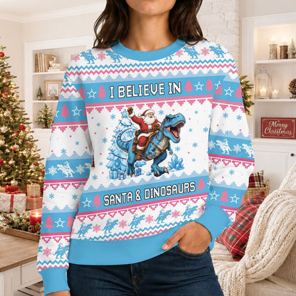 Another front angle of the Santa riding a T-Rex holiday sweater