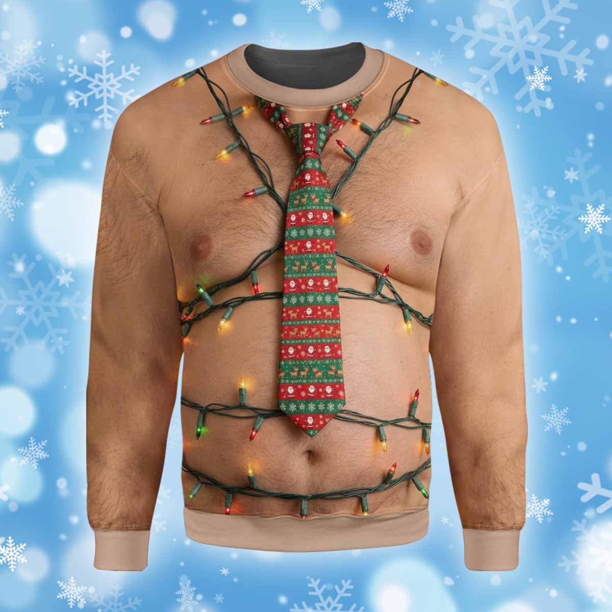 Back view of the photo-realistic hairy chest ugly sweater