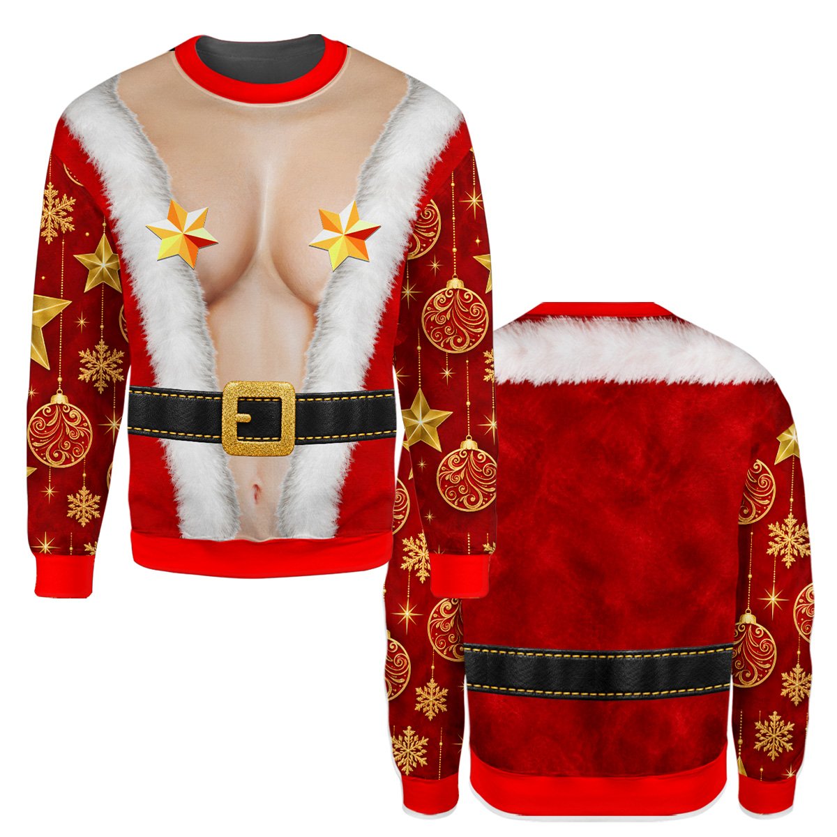Front view of the festive ugly sweater showcasing the Santa design and red background