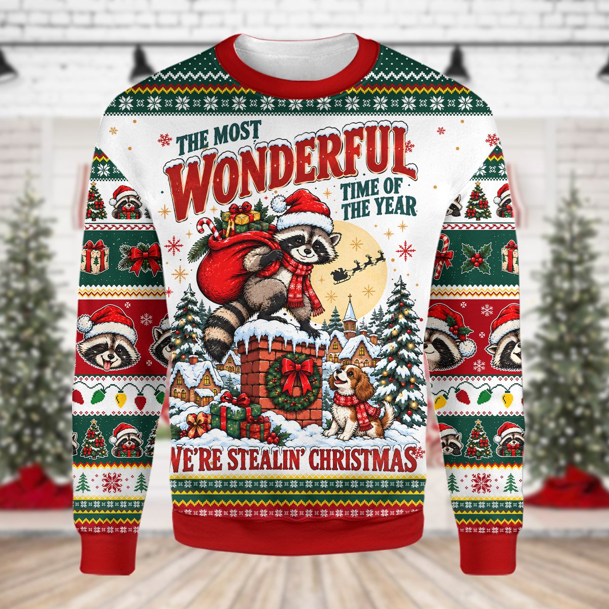 Ugly christmas sweater holiday featuring a raccoon and dog stealing Christmas, front view