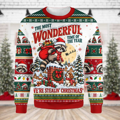 Ugly christmas sweater holiday featuring a raccoon and dog stealing Christmas, front view