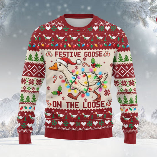 Christmas ugly sweater featuring a festive goose tangled in lights, main view