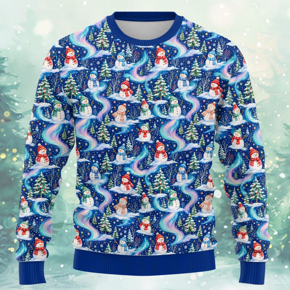 Main view of the navy ugly christmas sweater featuring a snowman and aurora borealis design