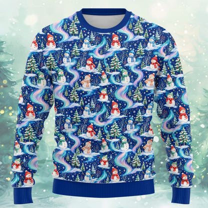 Main view of the navy ugly christmas sweater featuring a snowman and aurora borealis design