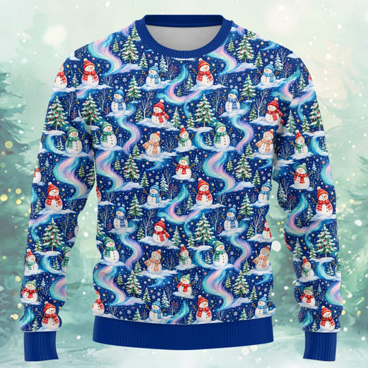 Main view of the navy ugly christmas sweater featuring a snowman and aurora borealis design