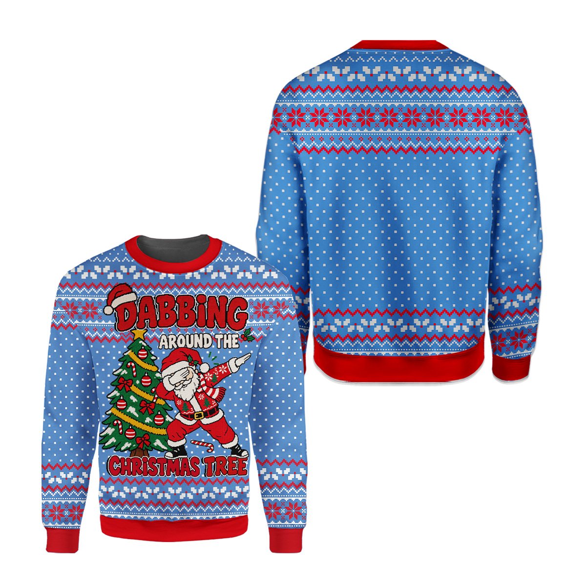 Multicolor holiday ugly sweater with dabbing Santa design