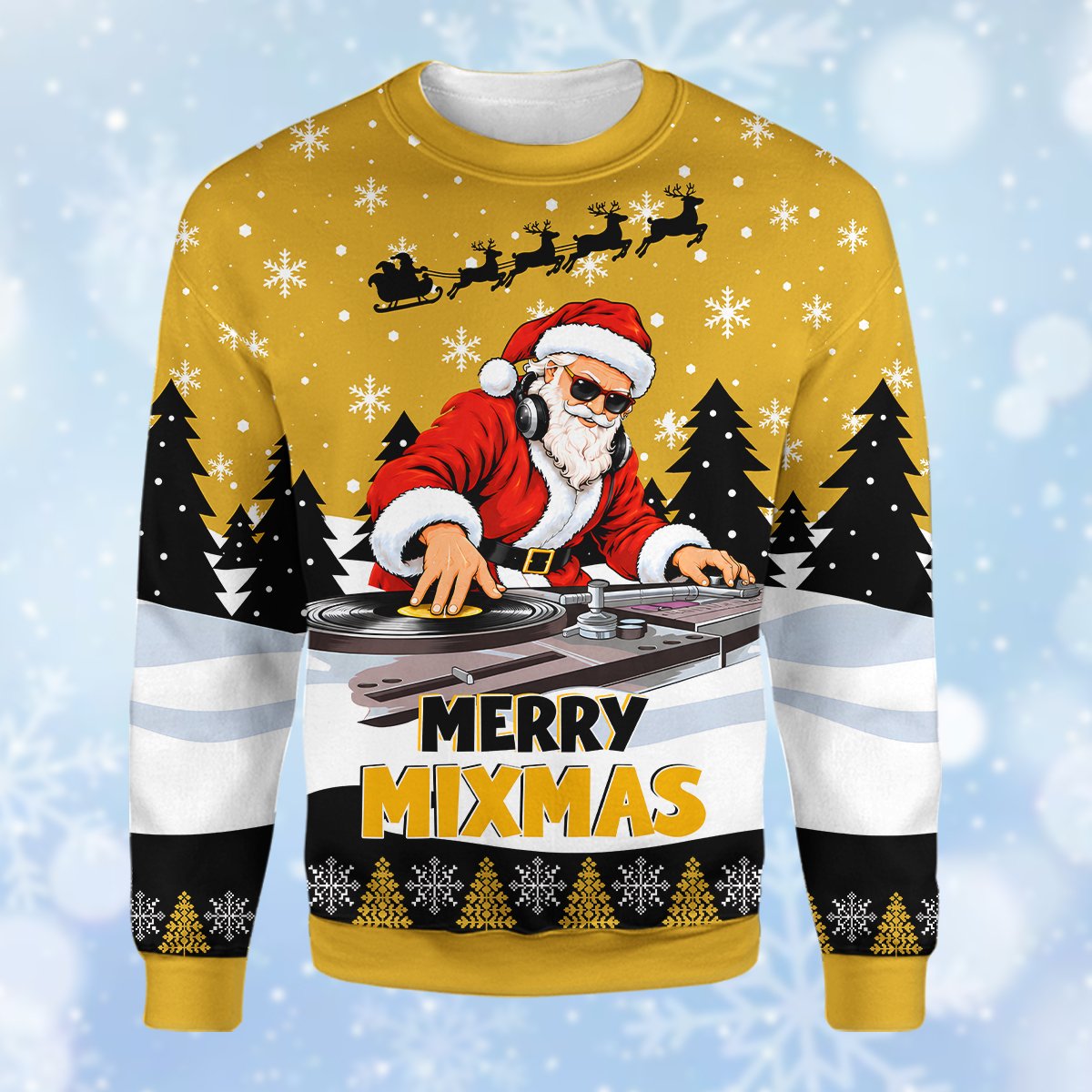 Front view of the yellow ugly christmas sweater showing DJ Santa Claus and snowy landscape