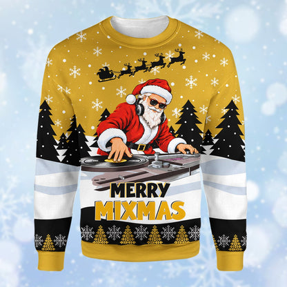Yellow ugly christmas sweater with DJ Santa and Merry Mixmas design, main front view
