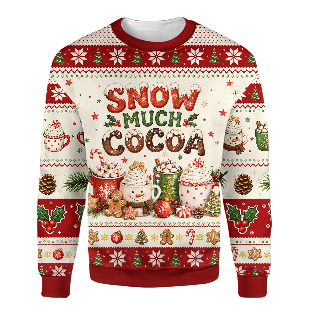 Ugly christmas sweater red featuring Snow Much Cocoa design, front view