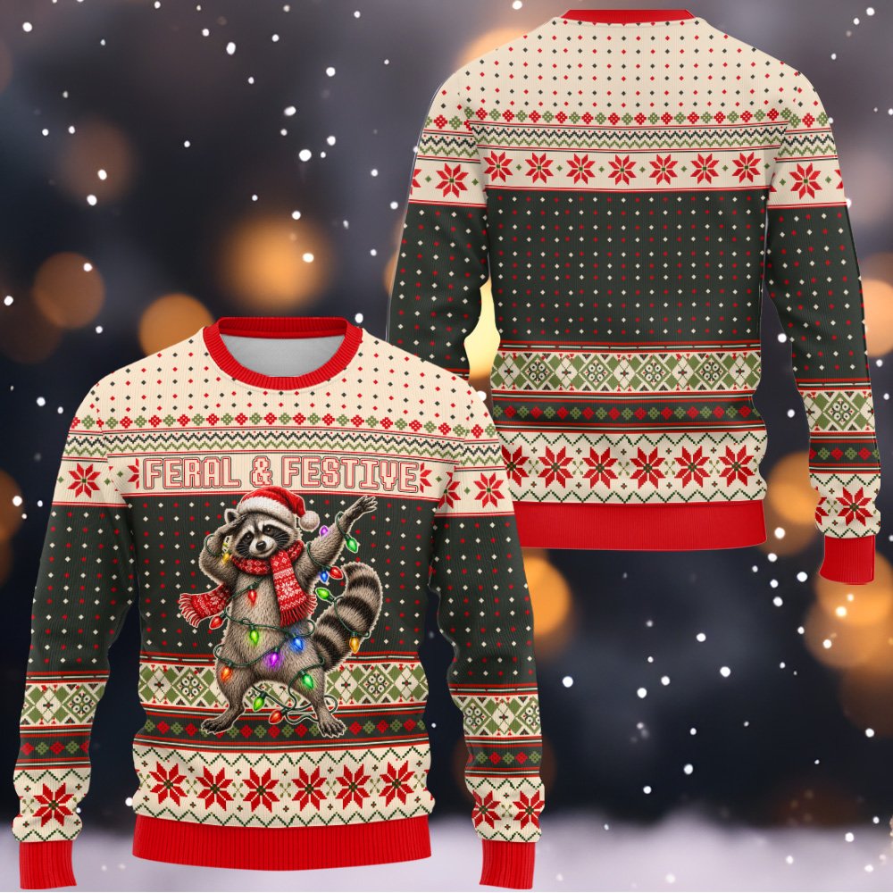 Front view of feral and festive raccoon ugly christmas sweater