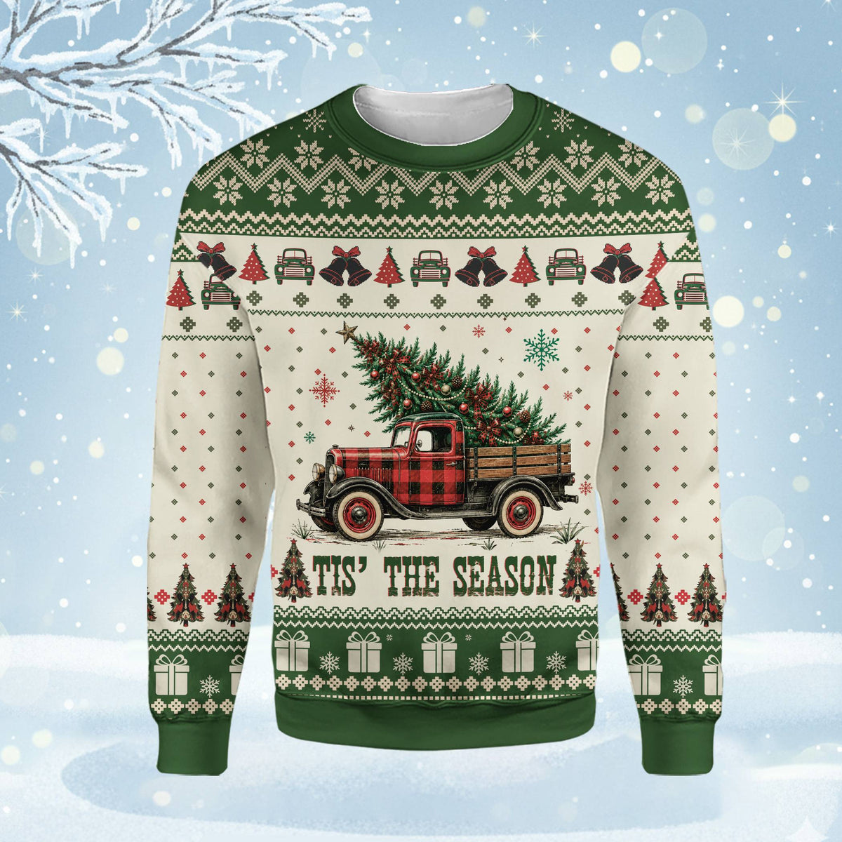 Beige Christmas ugly sweater featuring a vintage red truck carrying a Christmas tree, main view