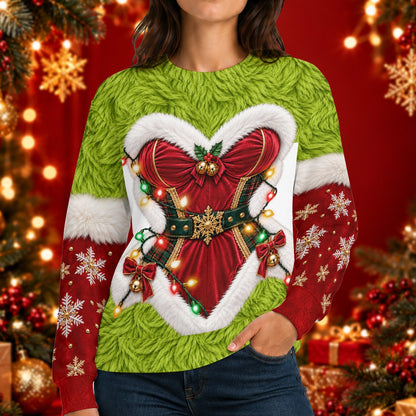 Close up of the green and red corset illusion holiday ugly sweater