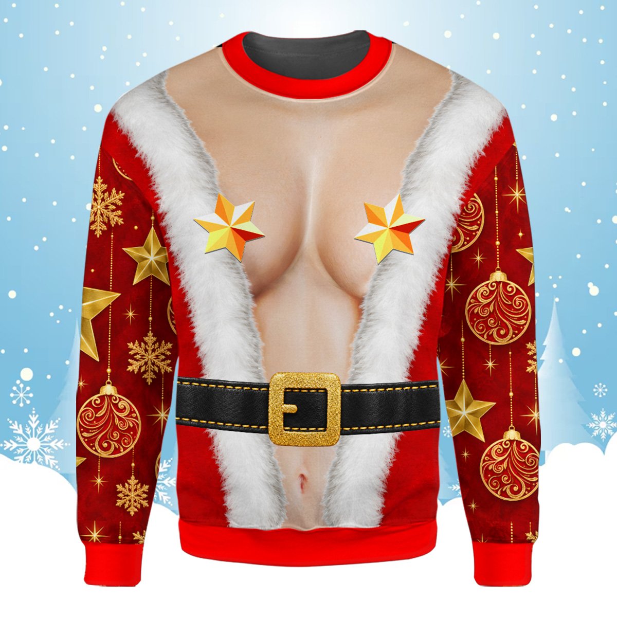 Humorous Santa suit christmas ugly sweater featuring star pasties and bare midriff, front view