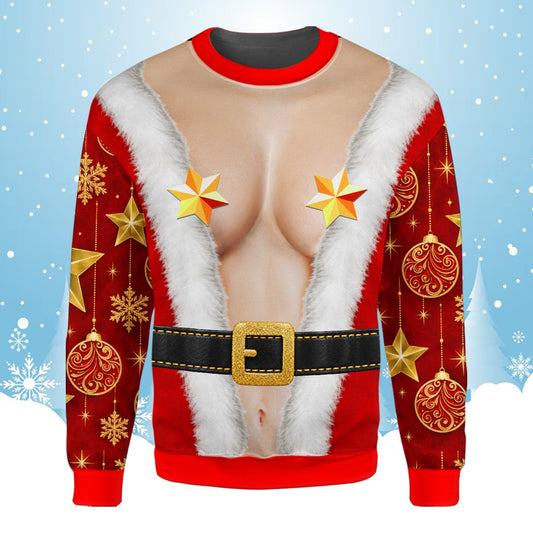 Humorous Santa suit christmas ugly sweater featuring star pasties and bare midriff, front view