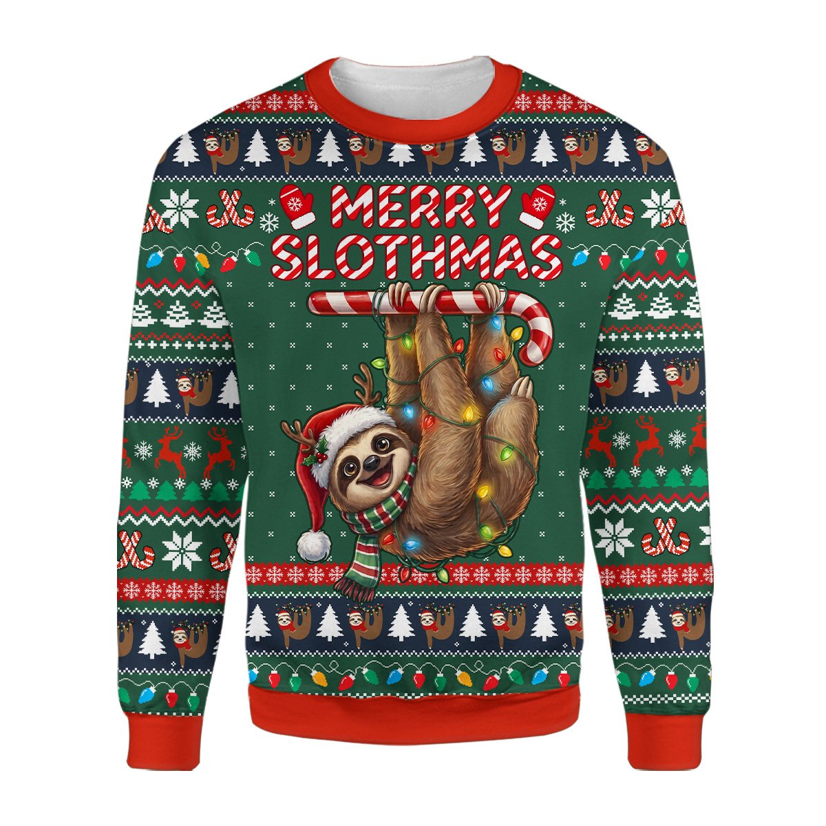 Front view of the multicolor Merry Slothmas ugly sweater