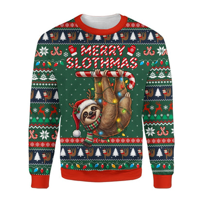 Front view of the multicolor Merry Slothmas ugly sweater