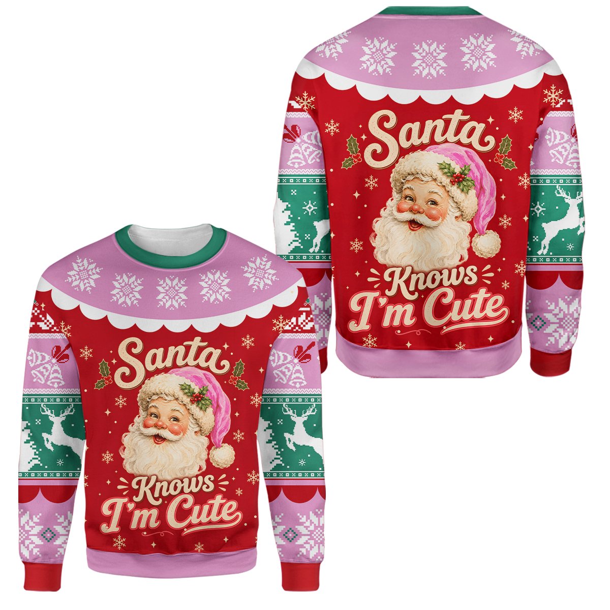 Front view of the holiday ugly christmas sweater featuring vintage Santa