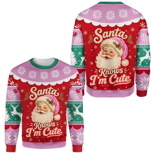 Red ugly christmas sweater men, Santa Knows I'm Cute design, main view