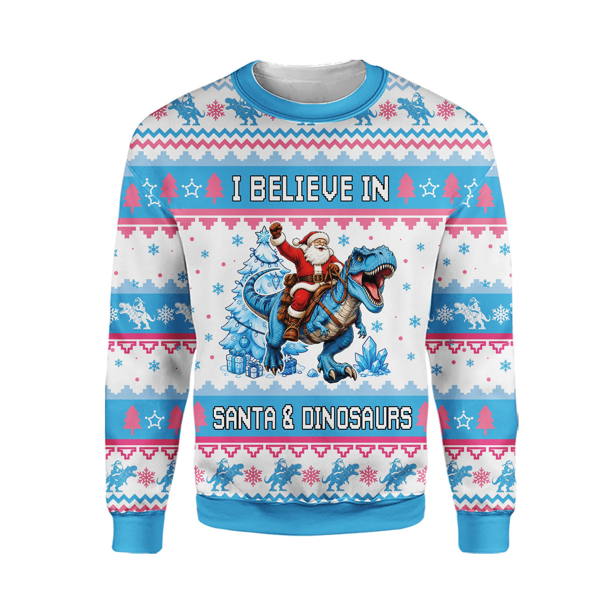 Front view of the Santa and dinosaur holiday sweater in white, light blue, and pink