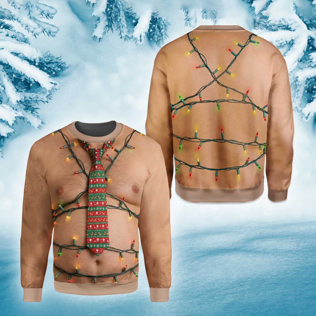 Hairy chest and tie ugly sweater design, front view