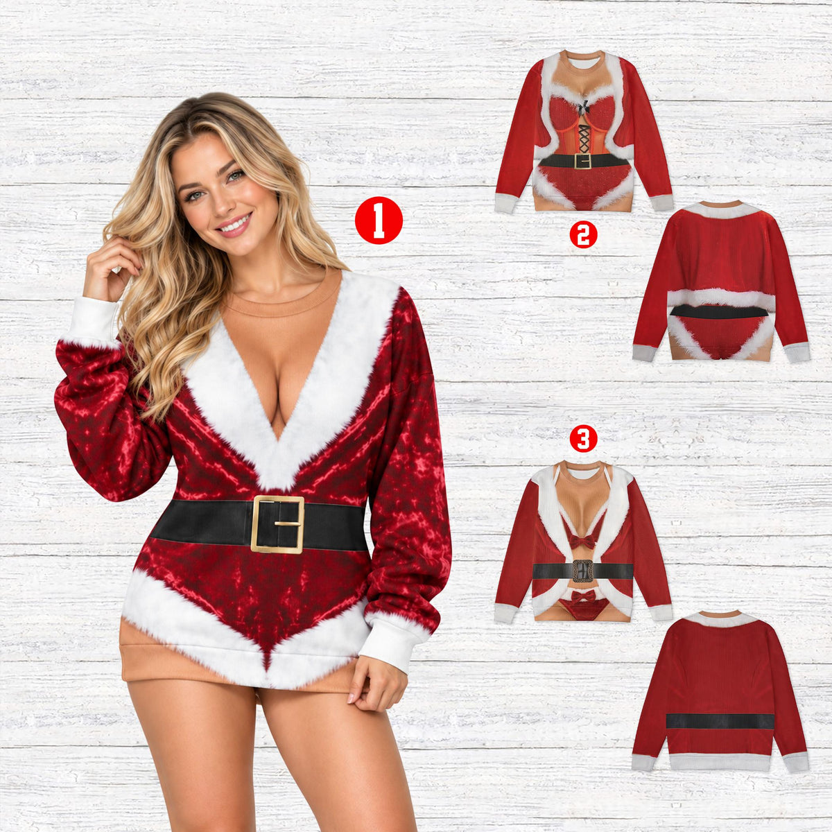 An adult wearing the funny sexy Mrs. Claus outfit for an ugly sweater christmas photo.