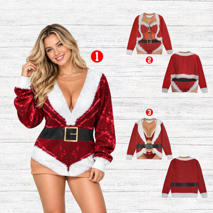 An adult wearing the funny sexy Mrs. Claus outfit for an ugly sweater christmas photo.