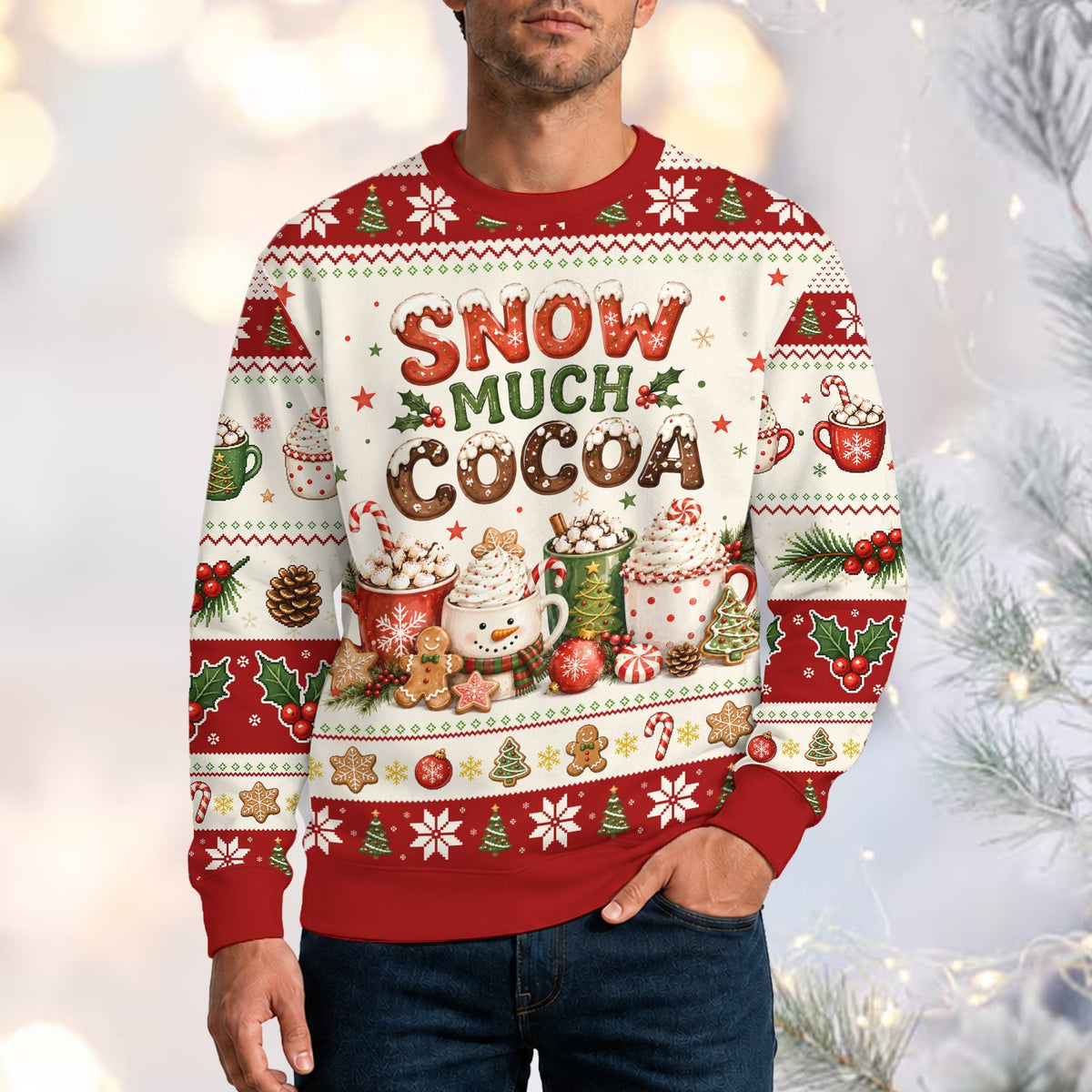 Second lifestyle view showcasing the holiday ugly sweater in a festive setting