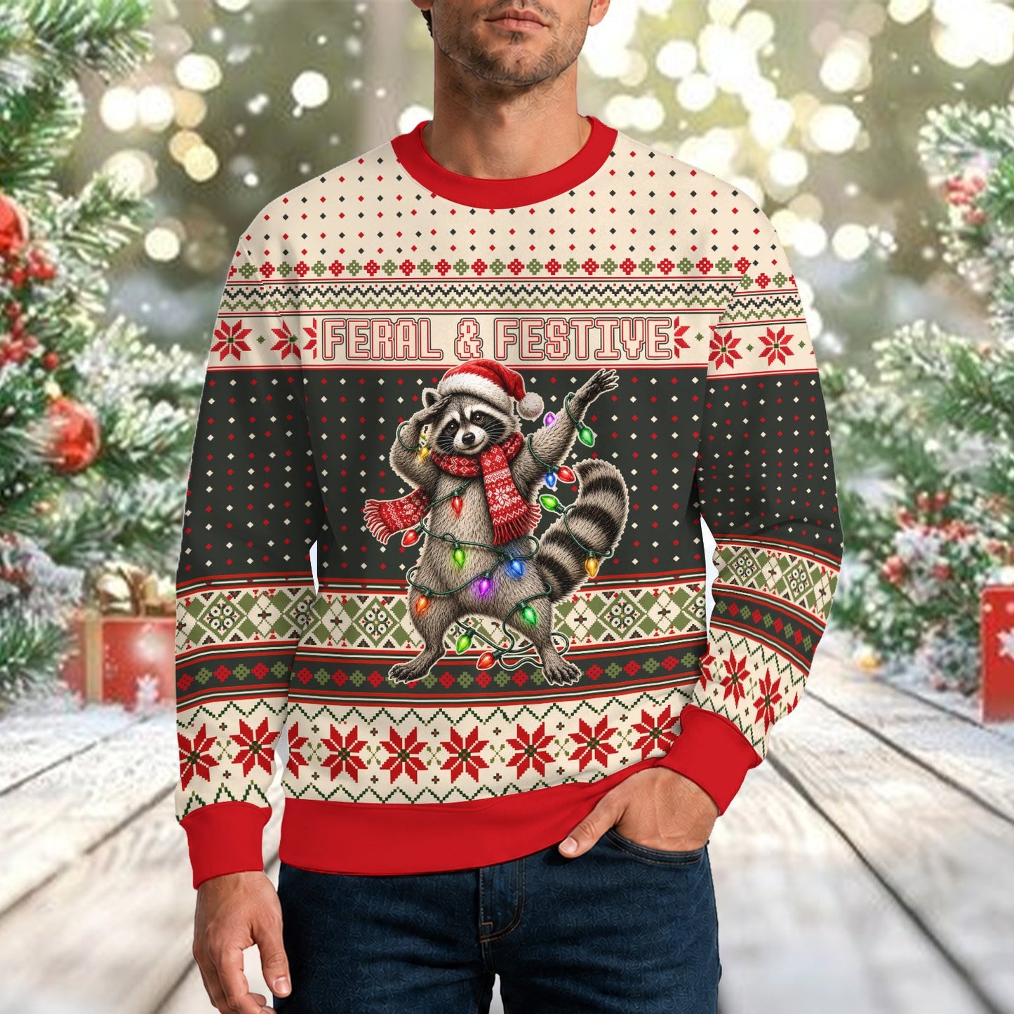 Person wearing the feral and festive raccoon christmas sweater at a holiday party