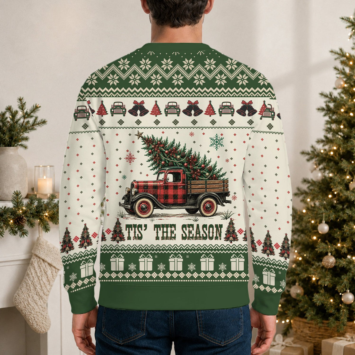 Lifestyle view of a person wearing the beige Christmas ugly sweater with vintage truck design, alternate